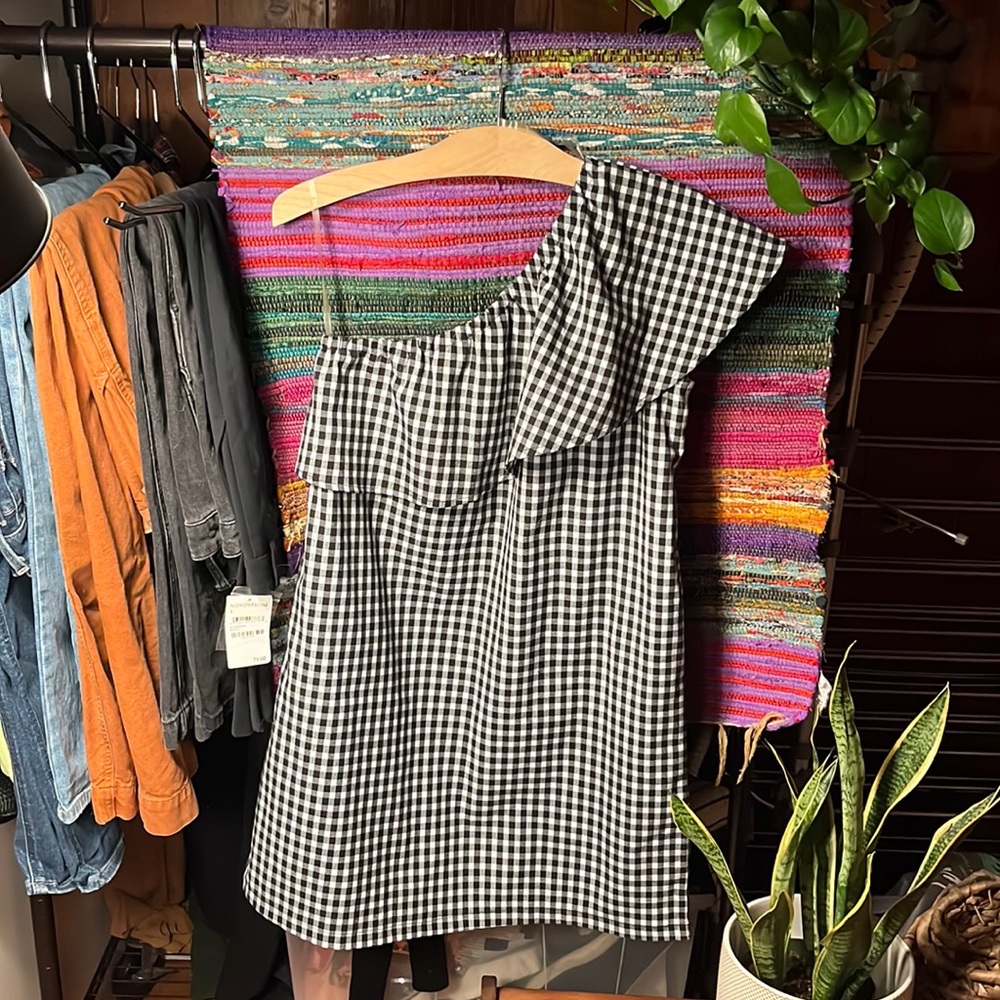 One Shoulder Gingham Shift Dress w/ Pockets!